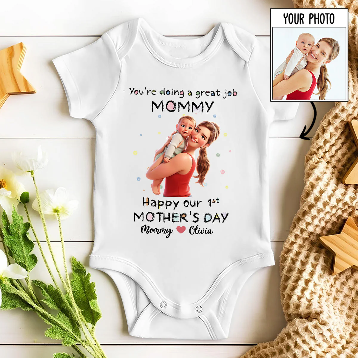 Mommy Doing A Great Job Custom Photo Cartoon - Personalized Custom Baby Onesie - Image 3