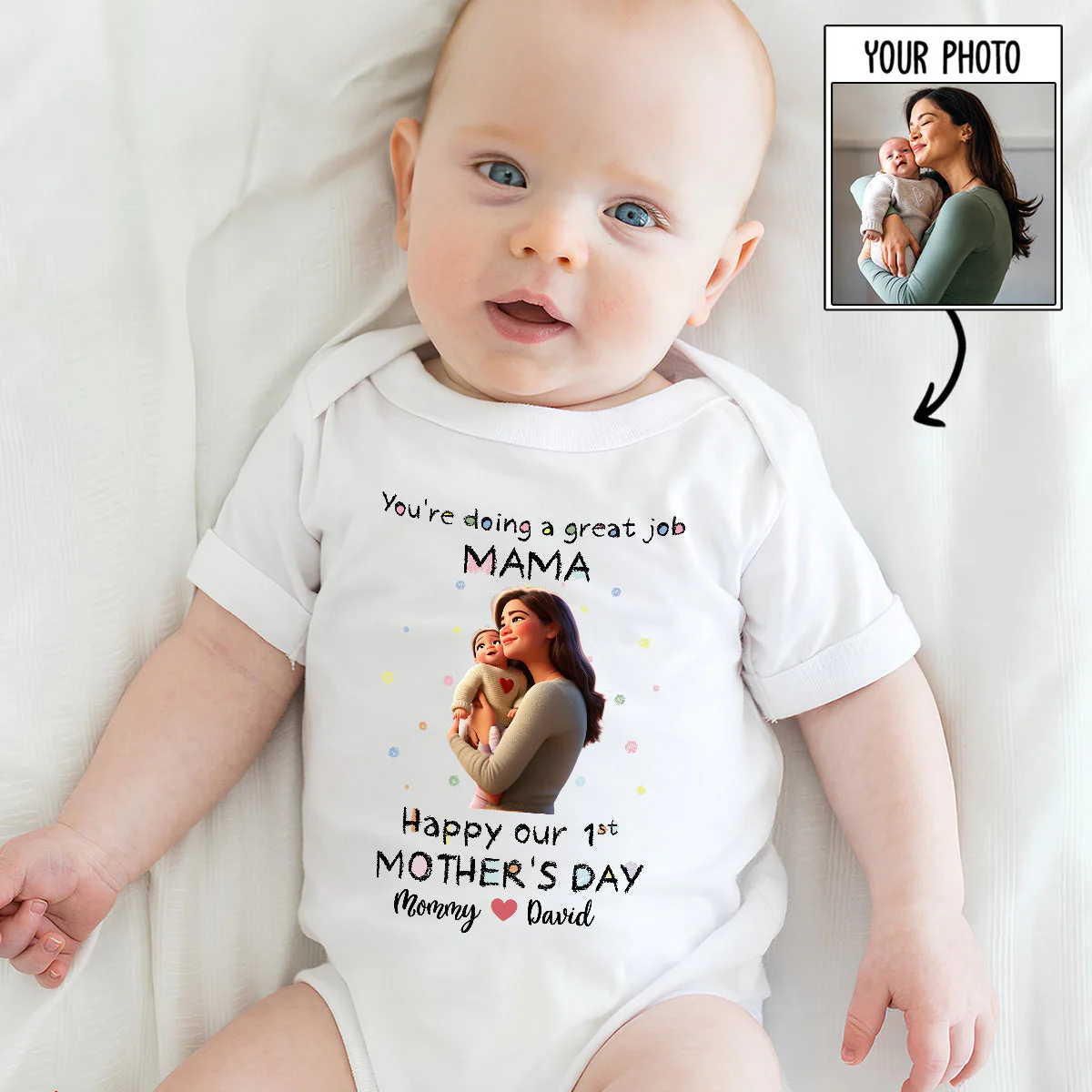 Mommy Doing A Great Job Custom Photo Cartoon - Personalized Custom Baby Onesie - Image 4