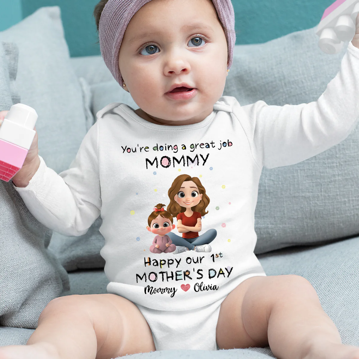 Mommy Doing A Great Job Happy Mother Day - Personalized Custom Long Sleeve Baby Onesie - Image 5