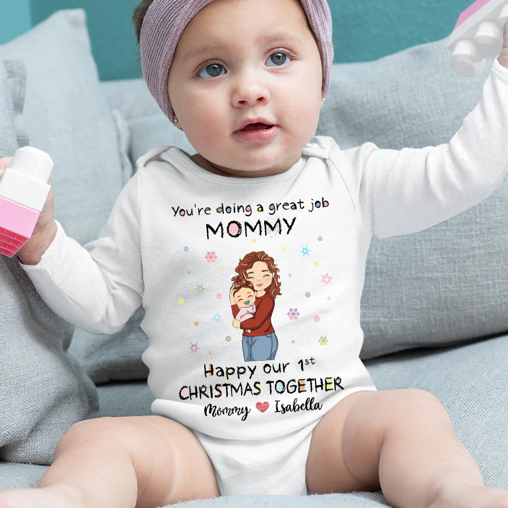 Mommy Doing A Great Job Merry Christmas - Personalized Custom Long Sleeve Baby Onesie - Image 5