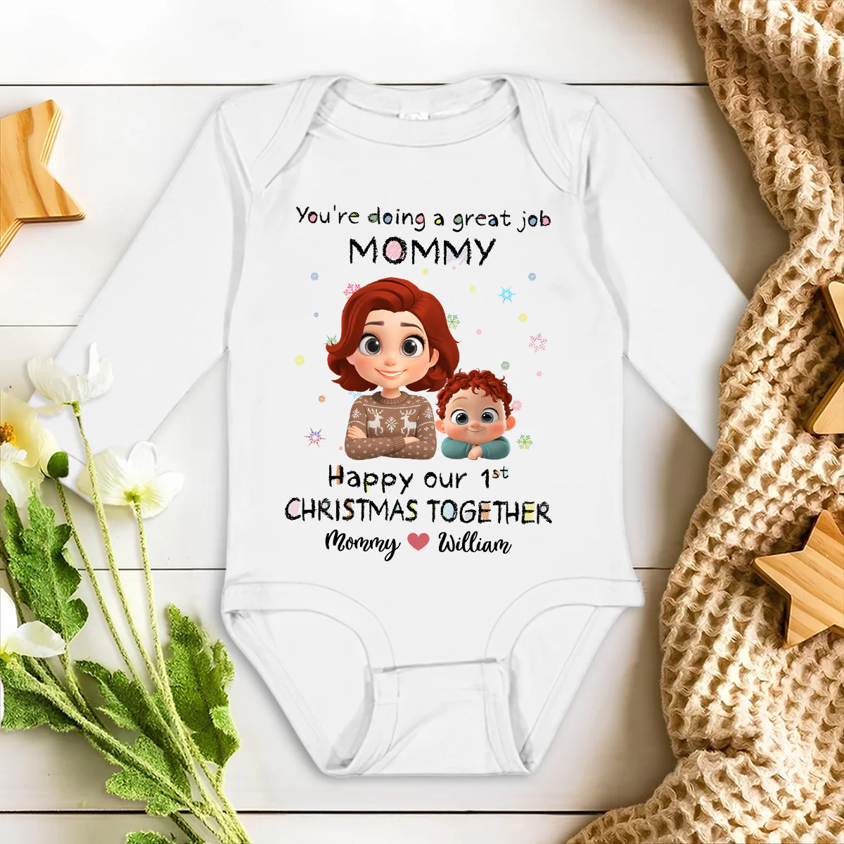 Mommy Is Doing A Great Job Cartoon Christmas - Personalized Custom Long Sleeve Baby Onesie - Image 2