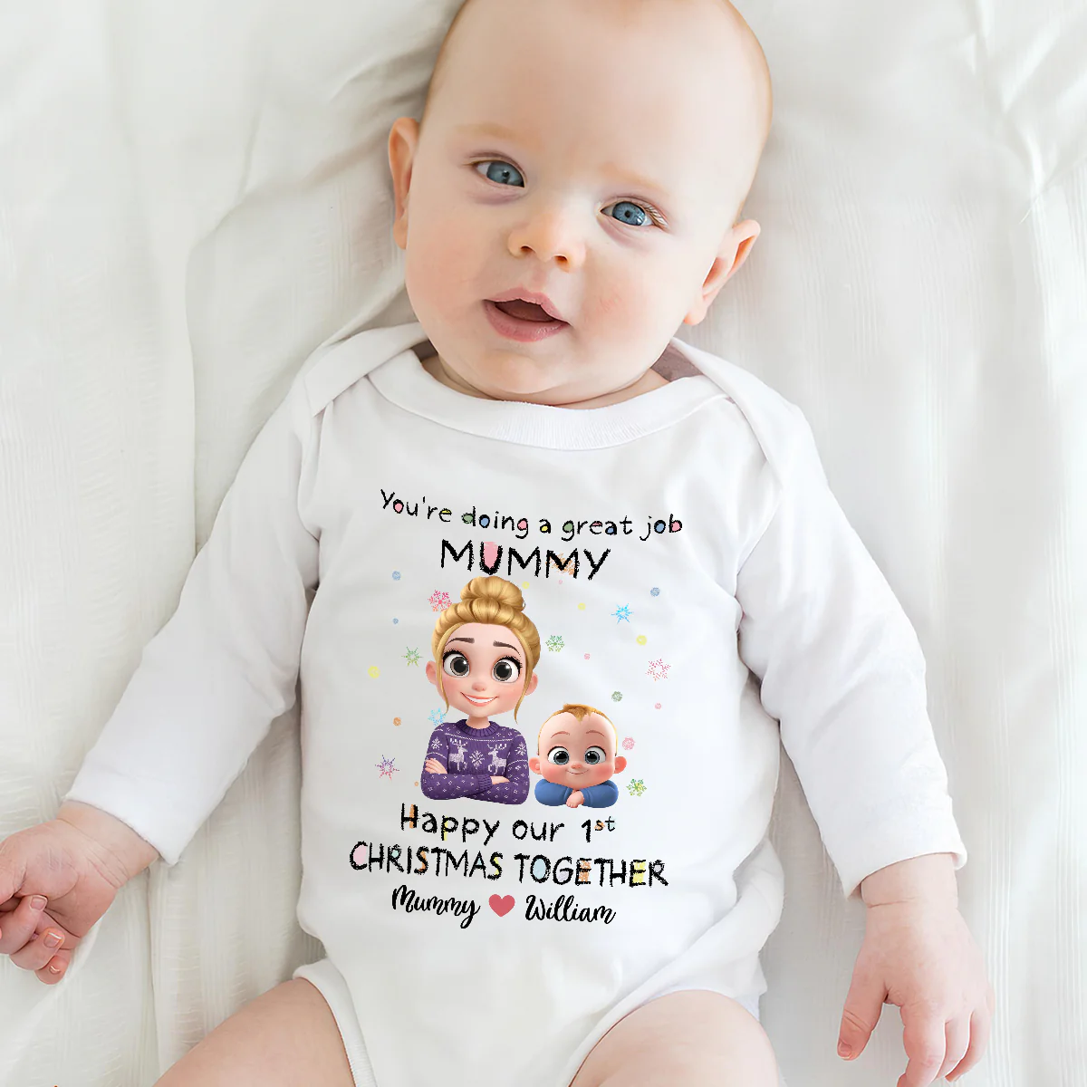 Mommy Is Doing A Great Job Cartoon Christmas - Personalized Custom Long Sleeve Baby Onesie - Image 3