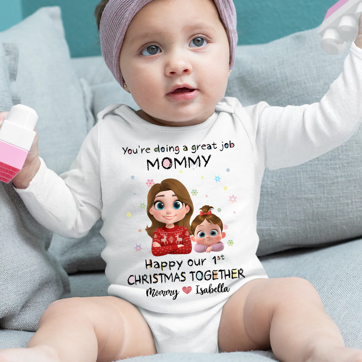 Mommy Is Doing A Great Job Cartoon Christmas - Personalized Custom Long Sleeve Baby Onesie - Image 5