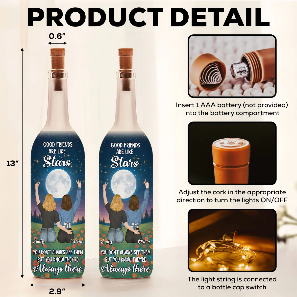 Moon And Stars Friendship - Personalized Custom Bottle Lamp - Image 6