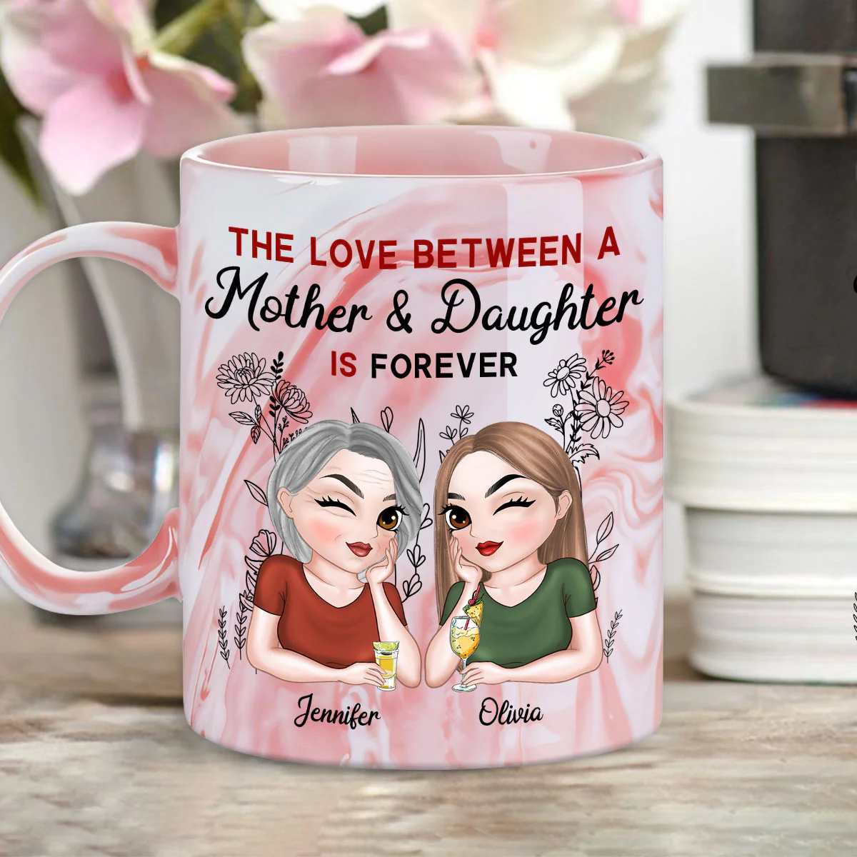 Mother And Daughter Always Together - Personalized Custom Pink Marble Mug - Image 2