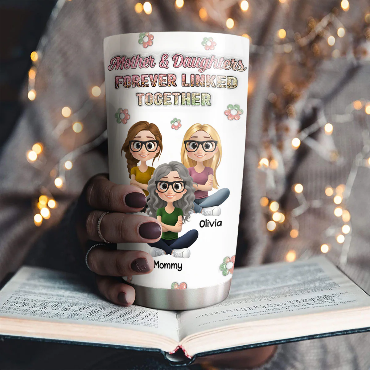 Mother And Daughter Linked Forever Cartoonize - Personalized Custom 3D Inflated Effect Tumbler - Image 2