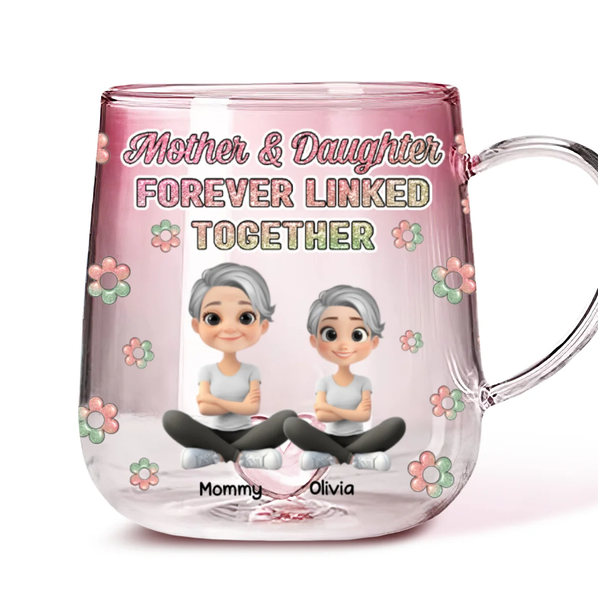 Mother And Daughter Linked Forever Cartoonize - Personalized Custom Pink Gradient Glass Mug - Image 5