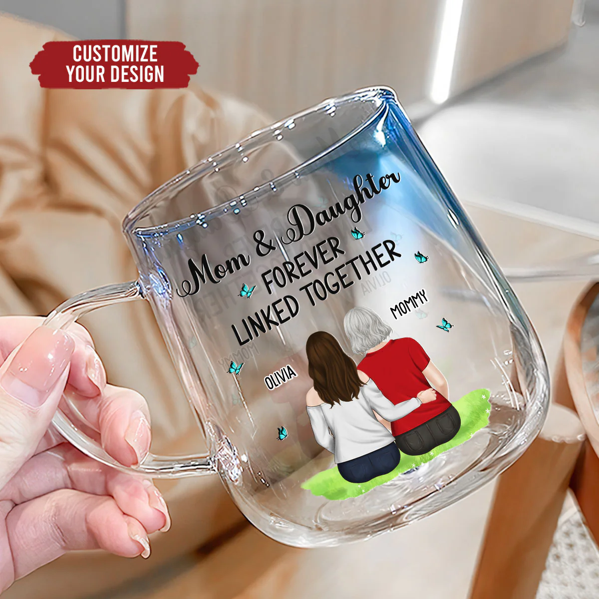 Mother And Daughter Linked Forever - Personalized Custom Blue Gradient Glass Mug - Image 4
