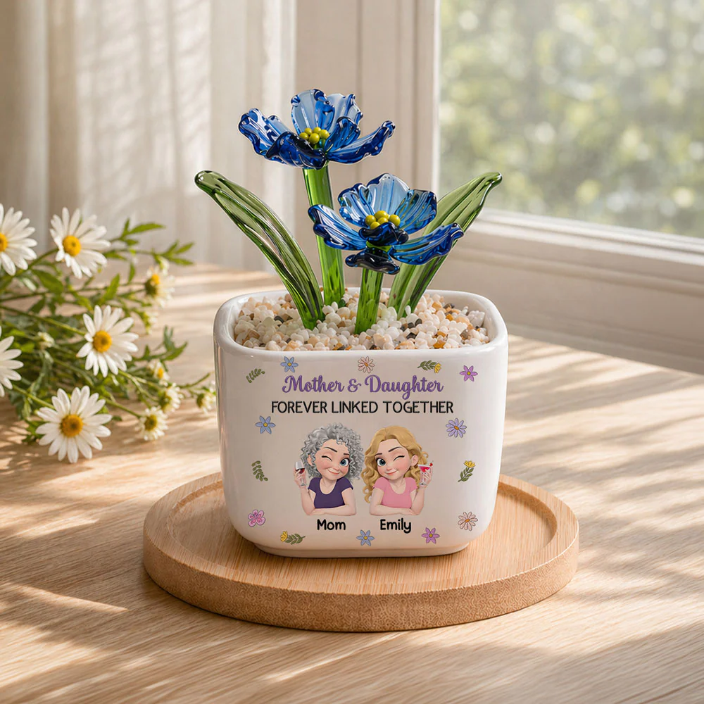 Mother And Daughter Linked Together Cartoon - Personalized Custom Glass Birth Month Flower