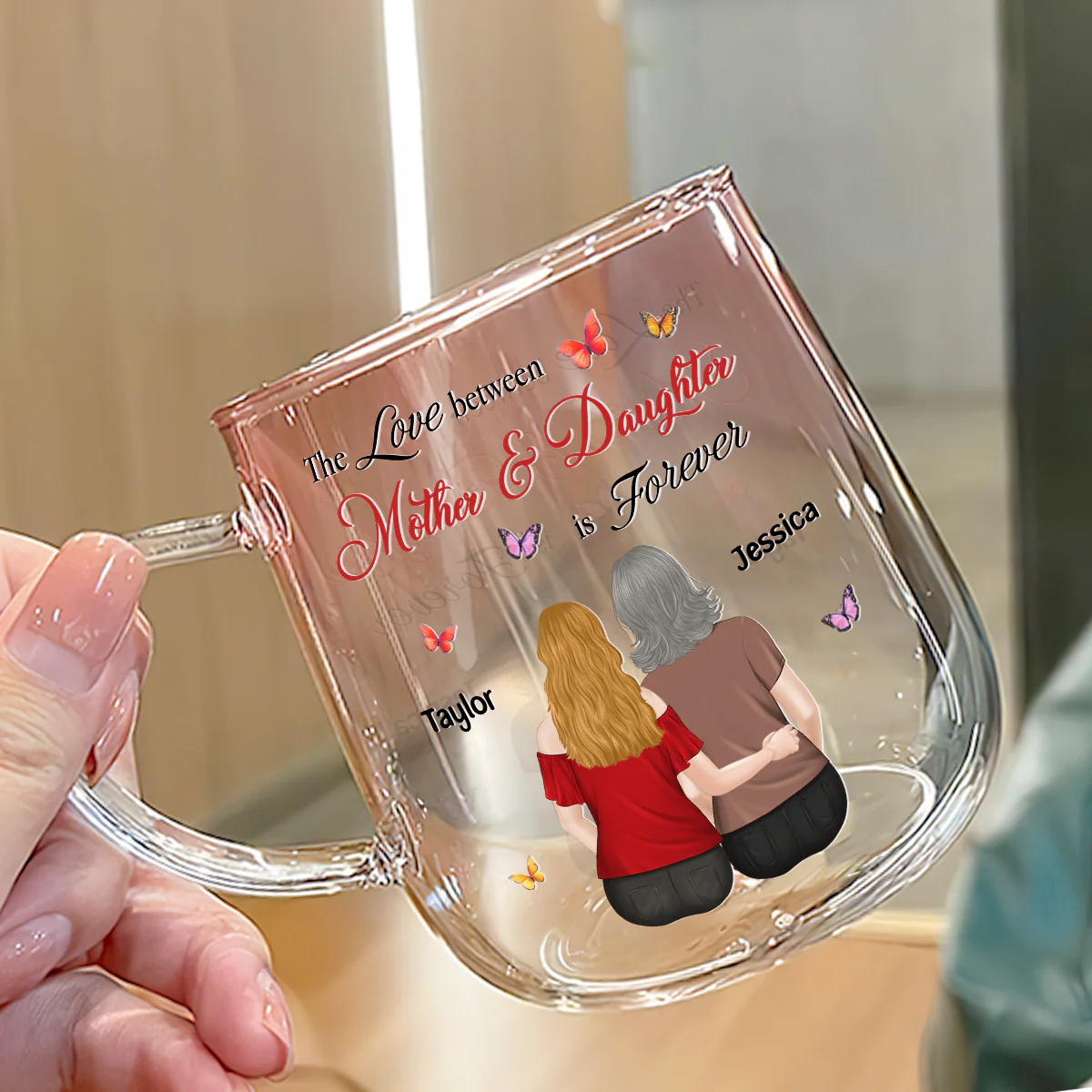 Mother And Daughter Love Forever - Personalized Custom Pink Gradient Glass Mug - Image 3