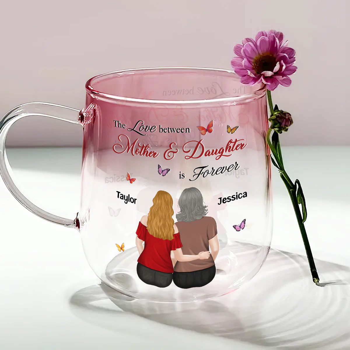 Mother And Daughter Love Forever - Personalized Custom Pink Gradient Glass Mug - Image 4