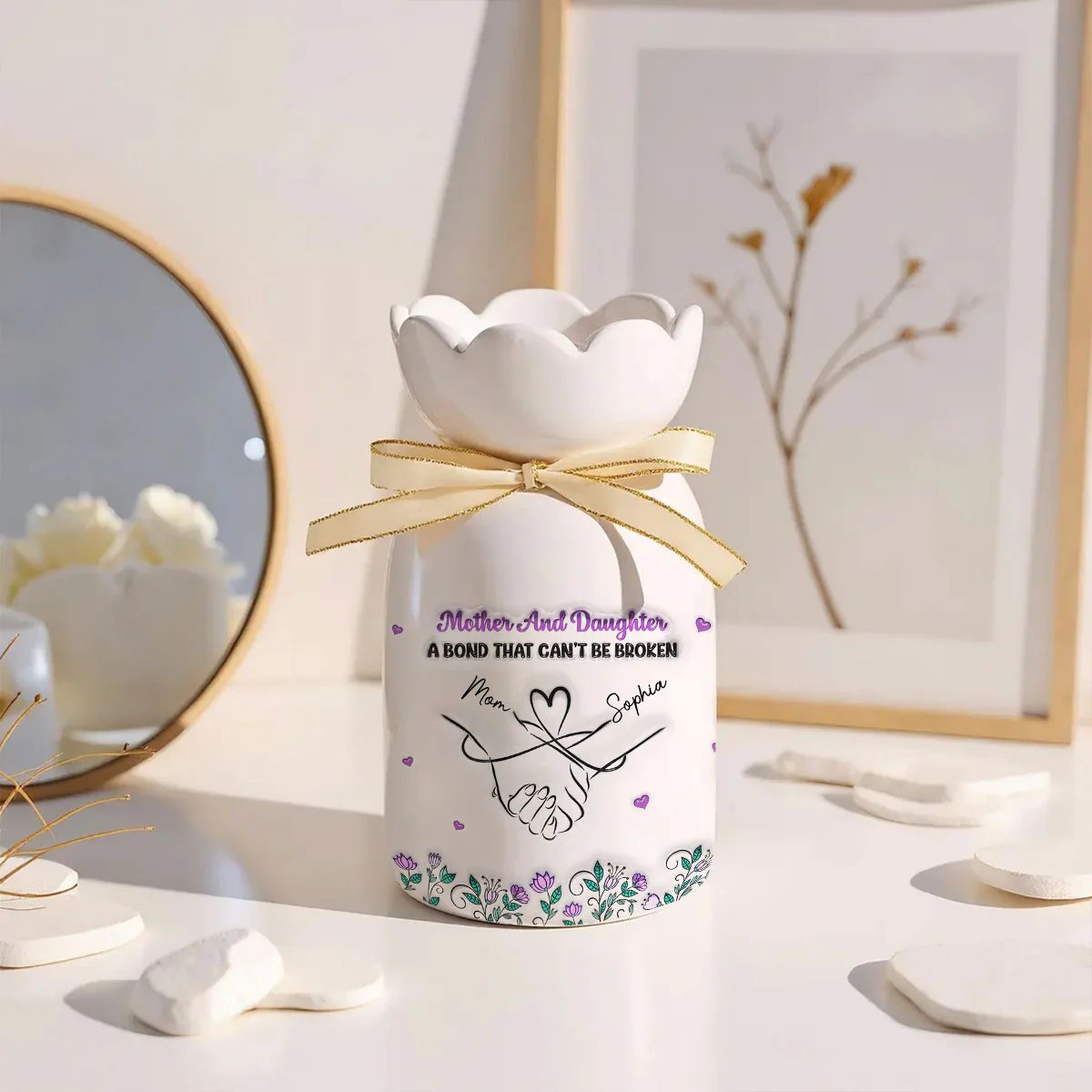 Mother And Daughter Relationship - Personalized Custom 3D Effect Ribbon Tie Flower Vase - Image 2