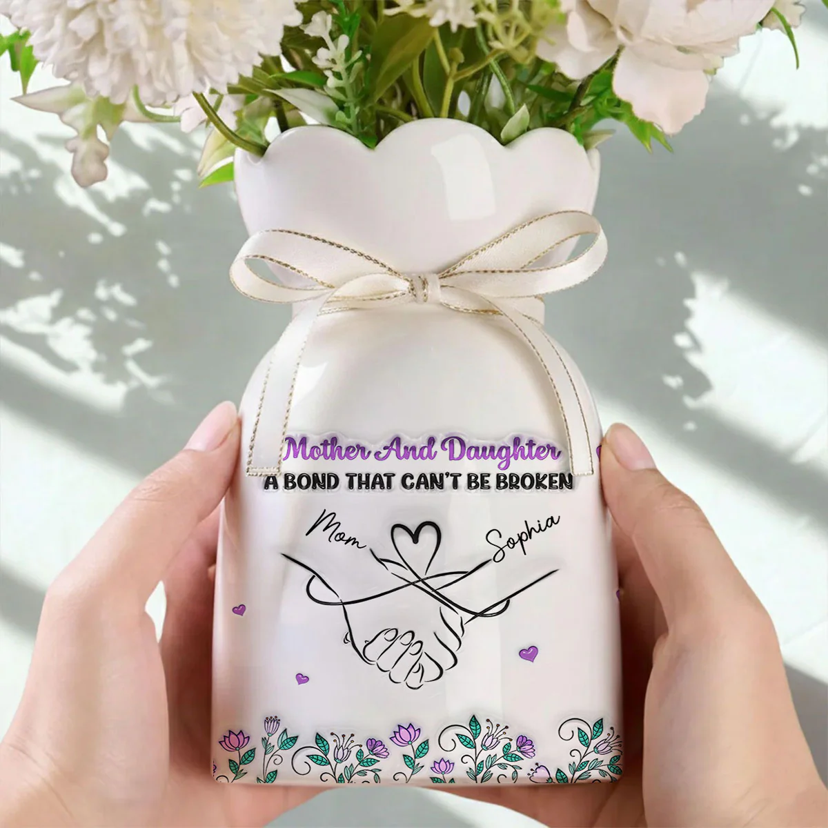 Mother And Daughter Relationship - Personalized Custom 3D Effect Ribbon Tie Flower Vase - Image 3