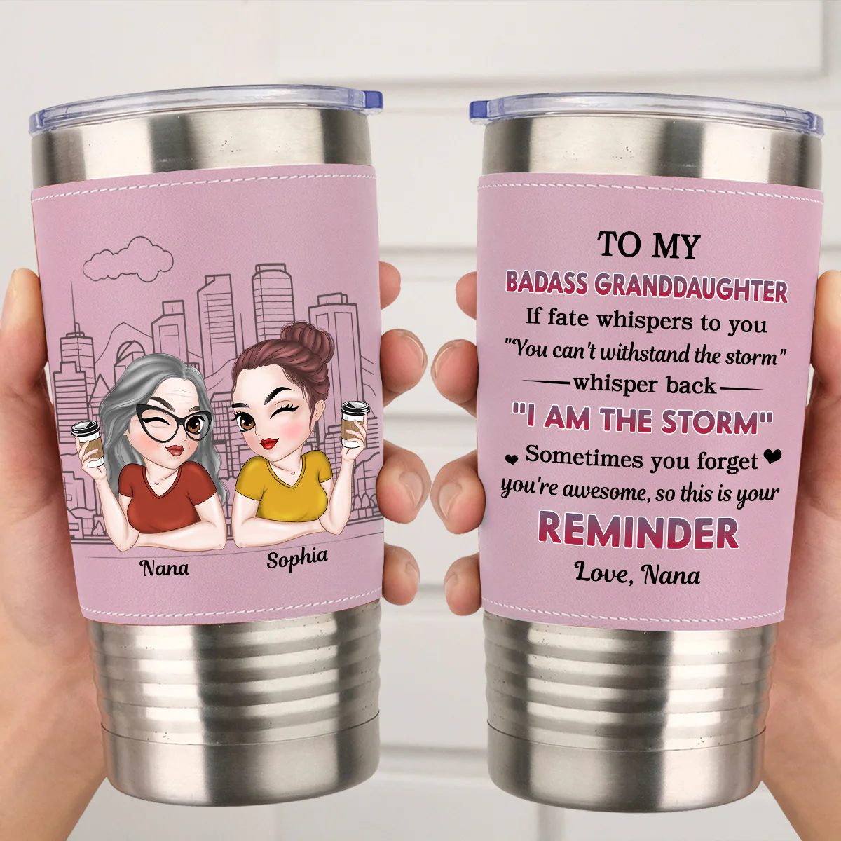 My Brave Girl - Personalized Custom Pink Leather Tumbler - Image 2