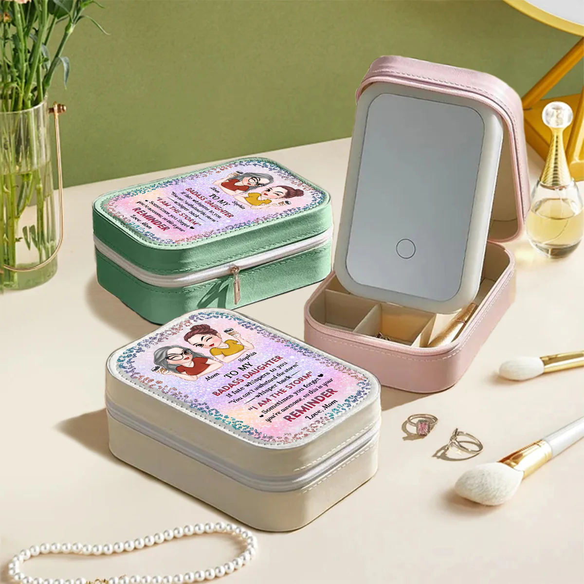 My Brave Granddaughter - Personalized Custom Jewelry Box With LED Mirror - Image 4