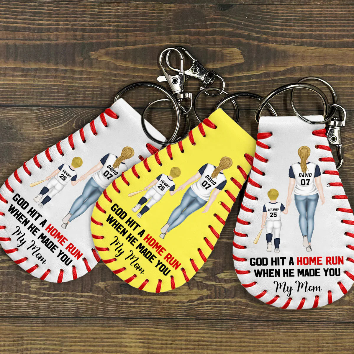 My Favorite Baseball Player Calls Me Mom - Personalized Custom Leather Baseball Keychain - Image 5