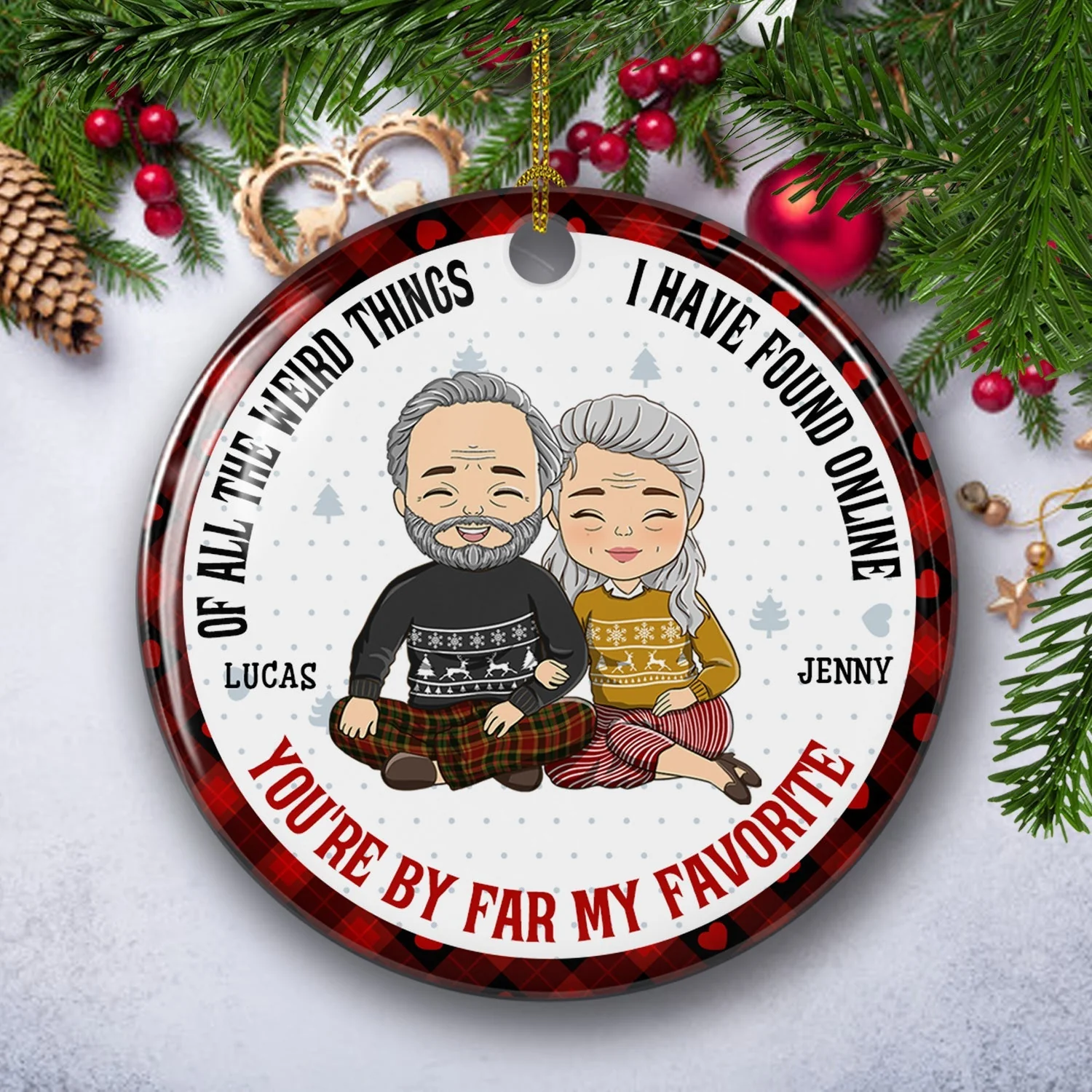 My Favorite By Far - Personalized Custom Circle Ceramic Christmas Ornament - Image 4