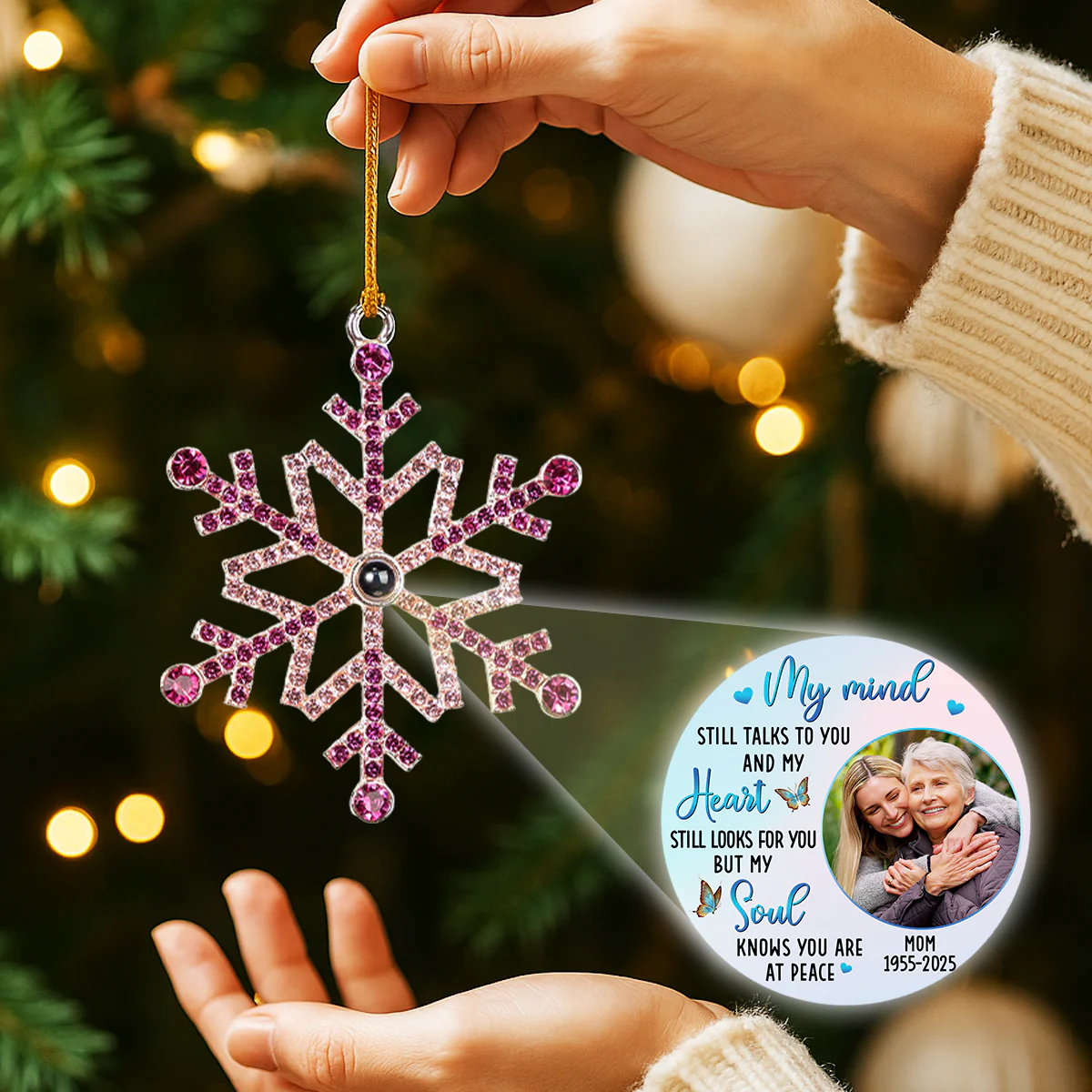 My Mind Still Talks To You - Personalized Custom Photo Snowflake Projection Ornament - Image 3