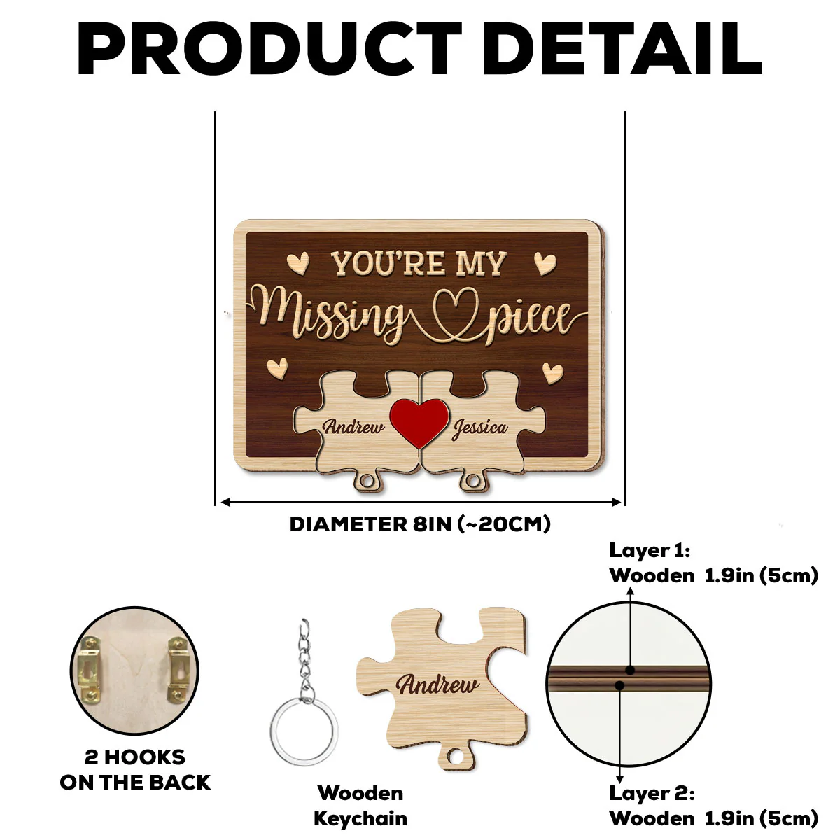 My Missing Piece - Personalized Custom Wooden Key Holder With Keychain - Image 6