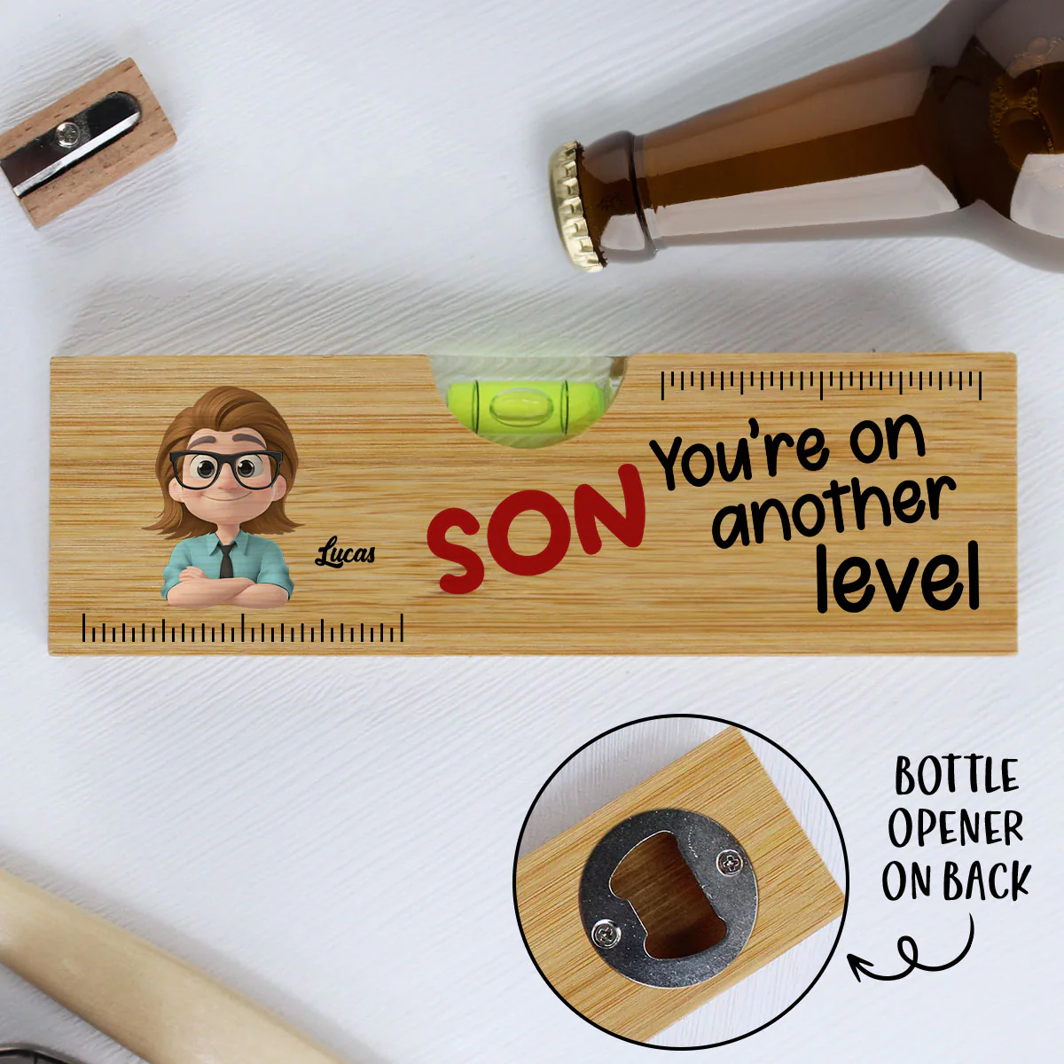 My Son Are On Another Level - Personalized Custom Wooden Spirit Level Bottle Opener
