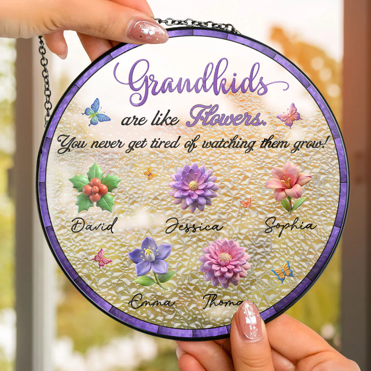 Never Get Tired Of Watching Grandkids Grow - Personalized Custom Window Hanging Suncatcher - Image 2