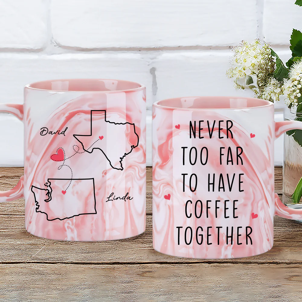 Never Too Far - Personalized Custom Pink Marble Mug - Image 3