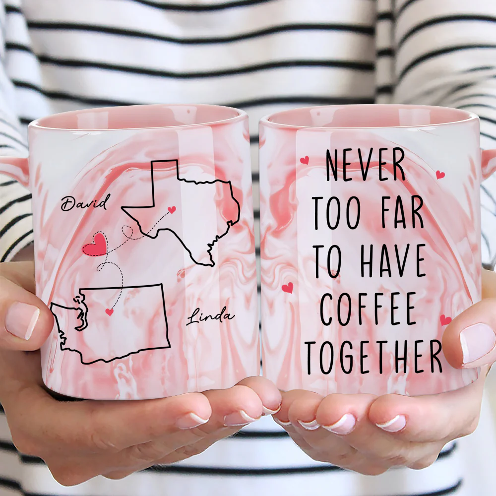 Never Too Far - Personalized Custom Pink Marble Mug - Image 4
