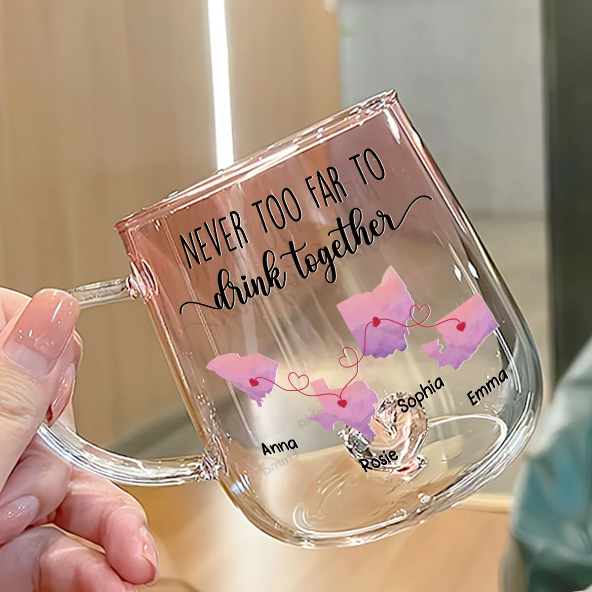 Never Too Far To Cheer With You - Personalized Custom Pink Gradient Glass Mug - Image 2