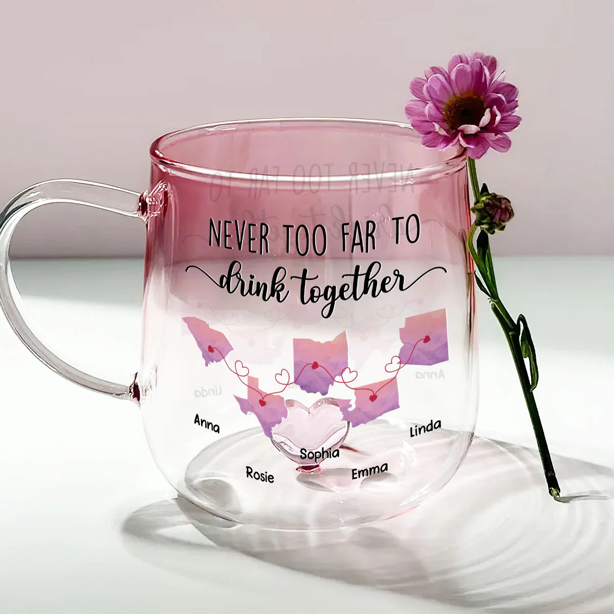 Never Too Far To Cheer With You - Personalized Custom Pink Gradient Glass Mug - Image 3