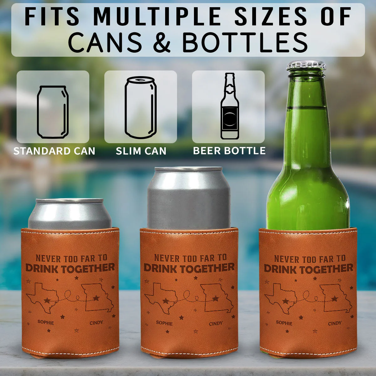 Never Too Far To Drink - Personalized Custom Engraved Leather Can Cooler Holder - Image 4