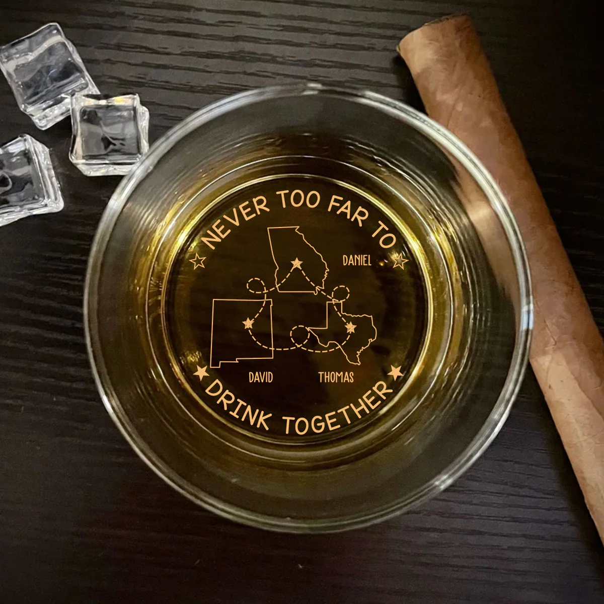 Never Too Far To Drink Together - Personalized Custom Engraved Whiskey Glass - Image 3
