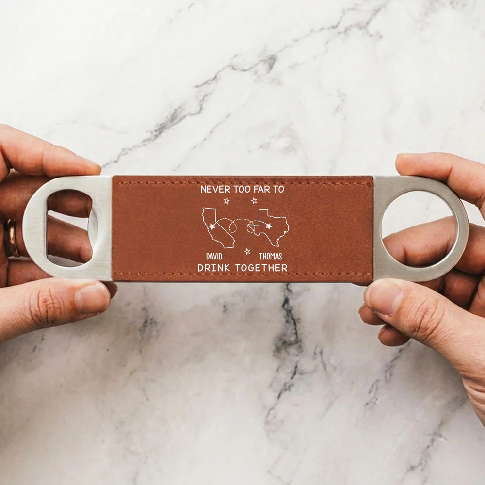 Never Too Far To Drink Together - Personalized Custom Leather Bottle Opener - Image 2