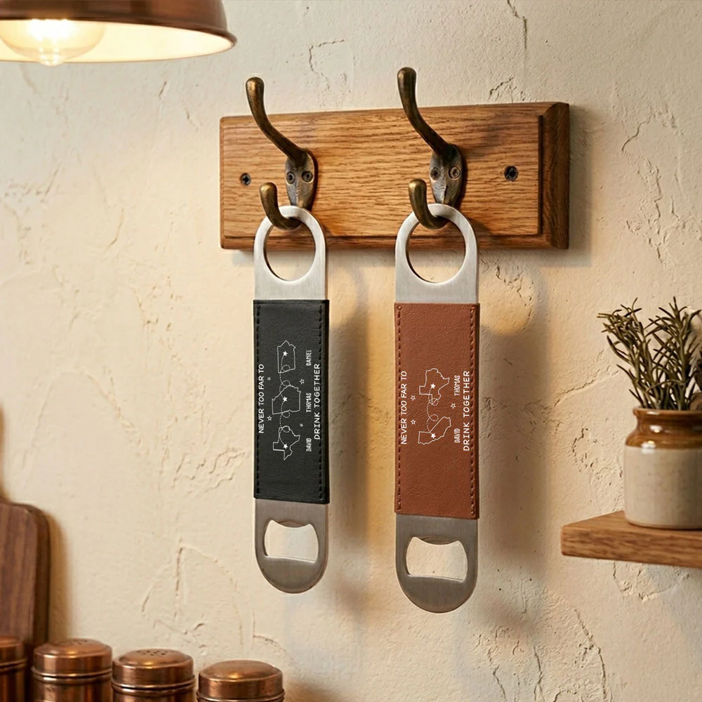 Never Too Far To Drink Together - Personalized Custom Leather Bottle Opener - Image 5