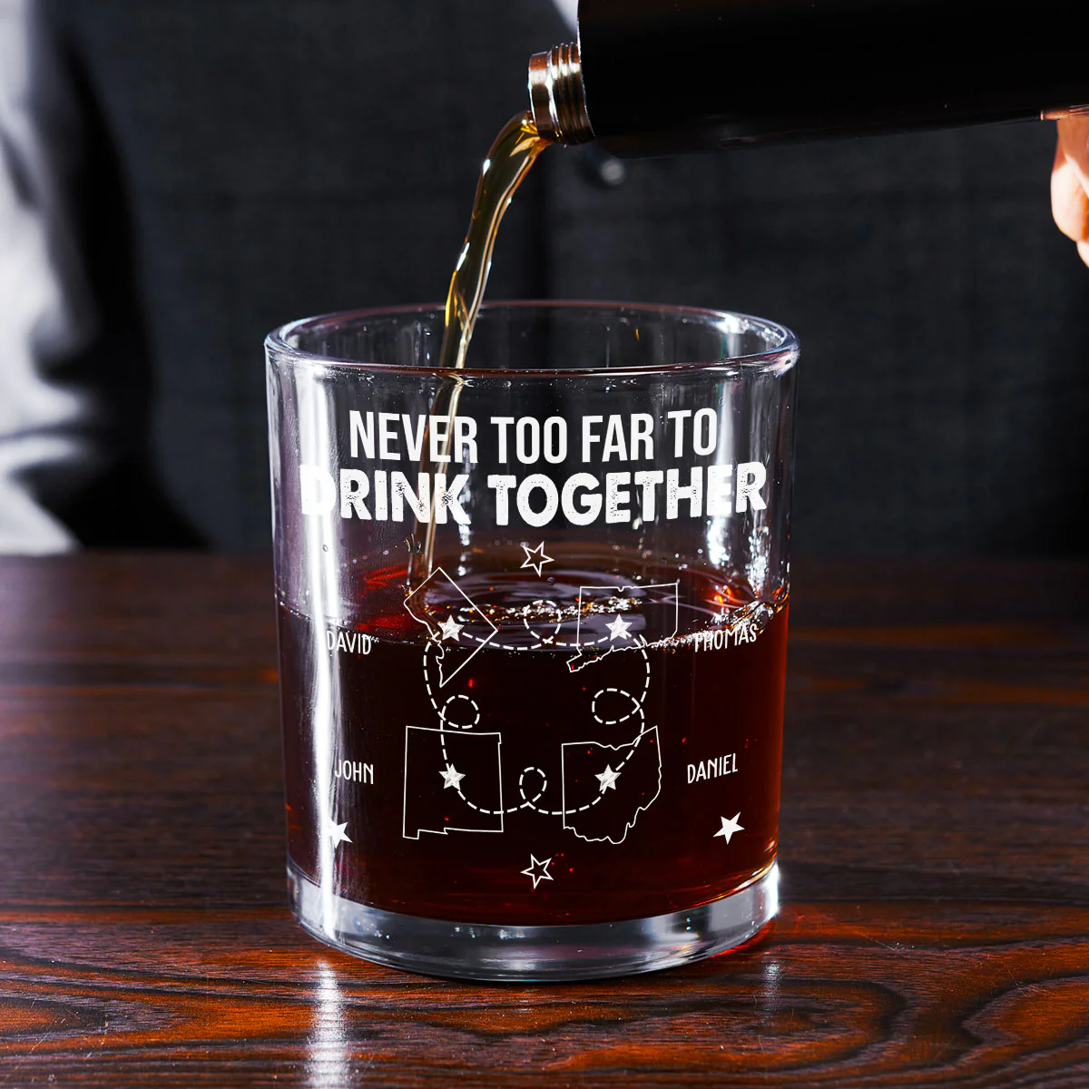 Never Too Far To Drink Together - Personalized Custom Whiskey Glass - Image 2