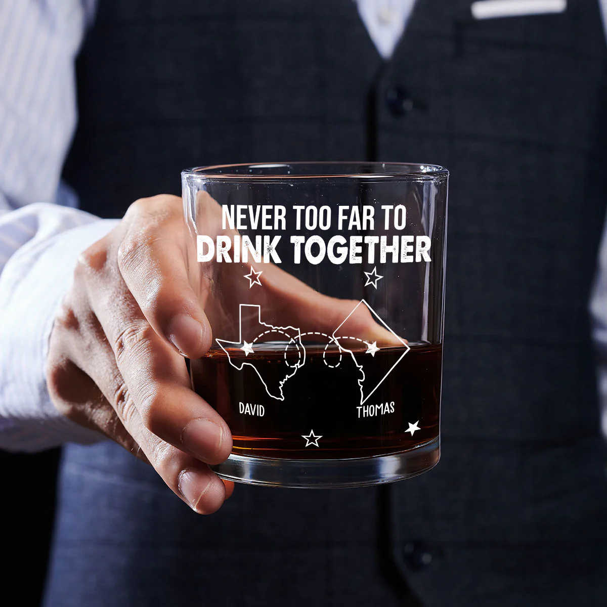 Never Too Far To Drink Together - Personalized Custom Whiskey Glass - Image 4