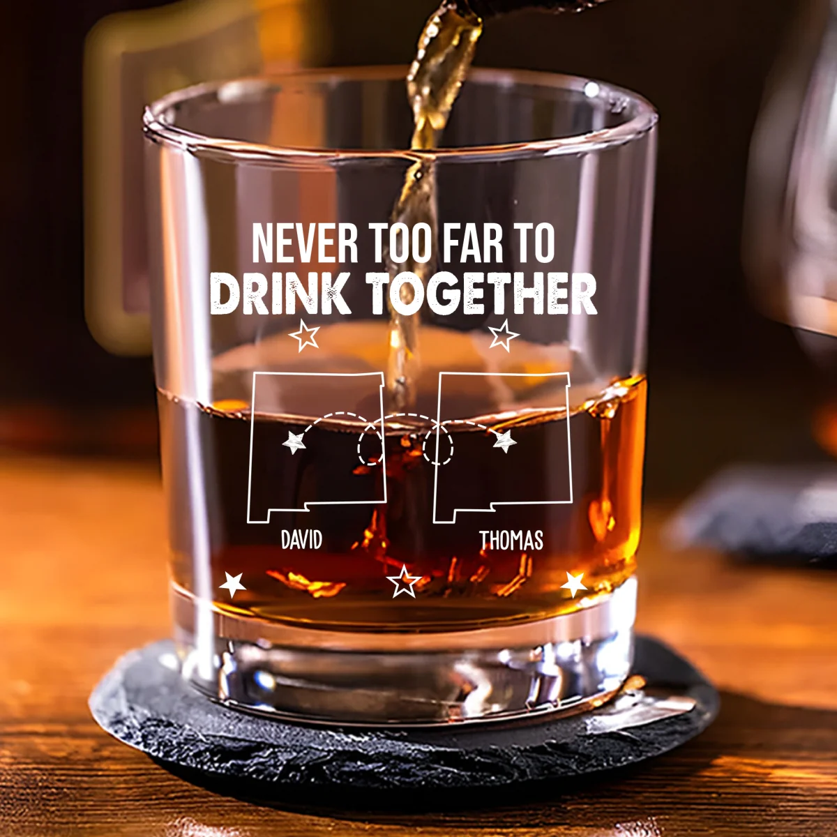 Never Too Far To Drink Together - Personalized Custom Whiskey Glass - Image 7