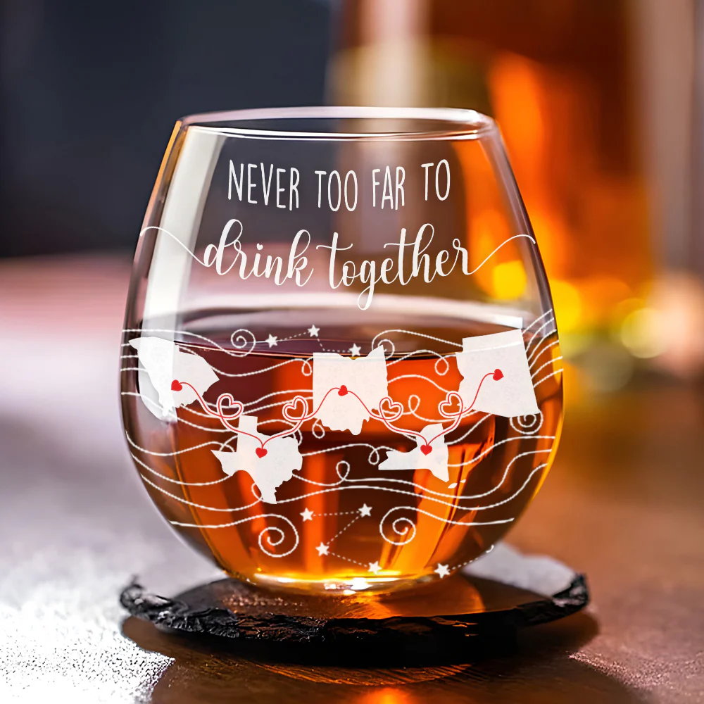 Never Too Far To Drink Together - Personalized Custom Wine Glass - Image 2