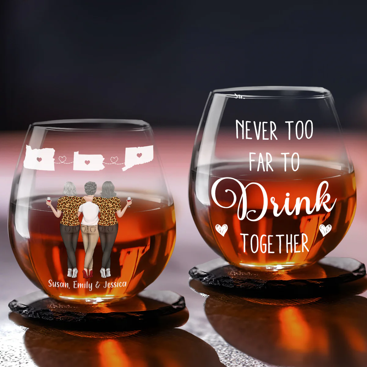 Never Too Far To Drink Wine Together - Personalized Custom Wine Glass - Image 5