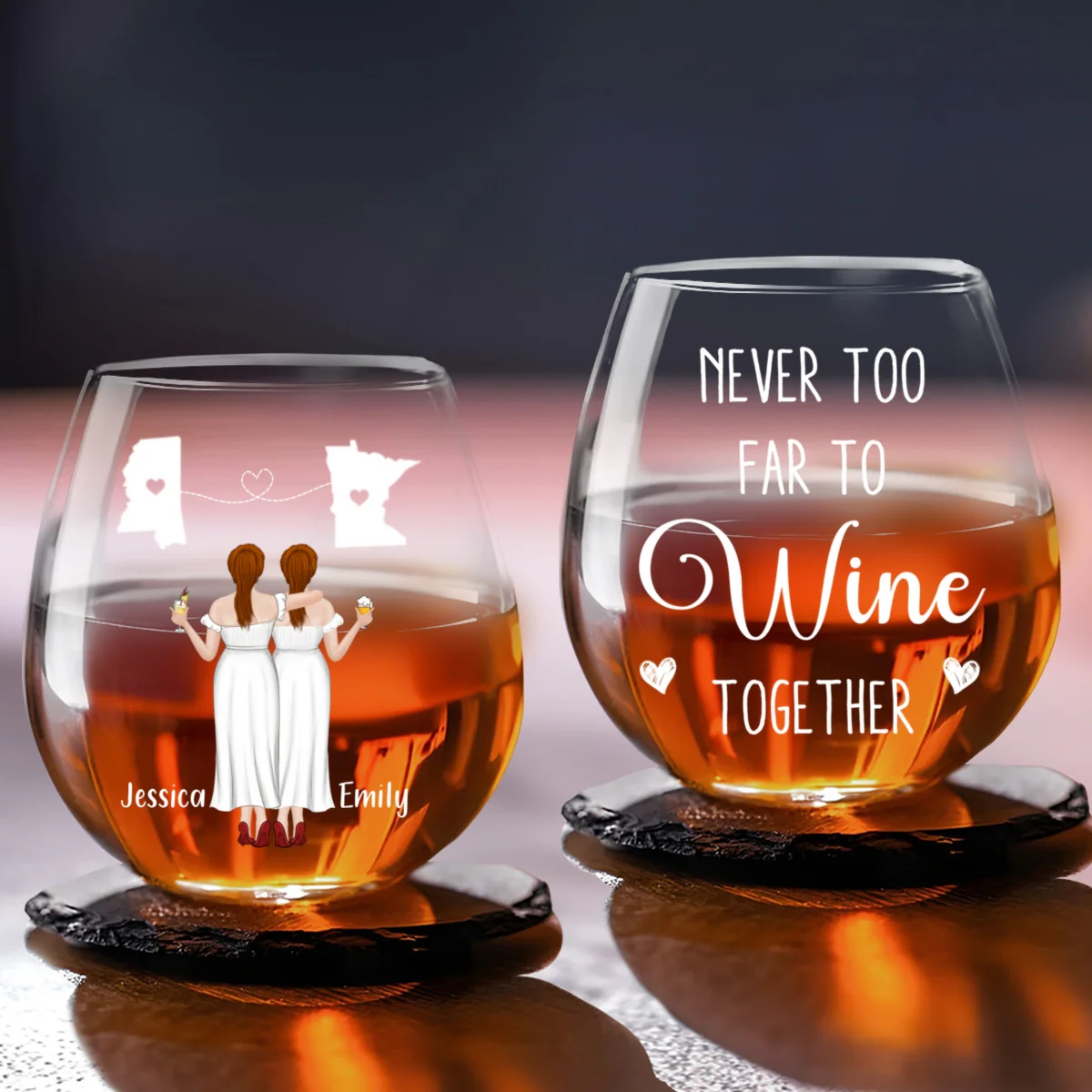 Never Too Far To Drink Wine Together - Personalized Custom Wine Glass - Image 7