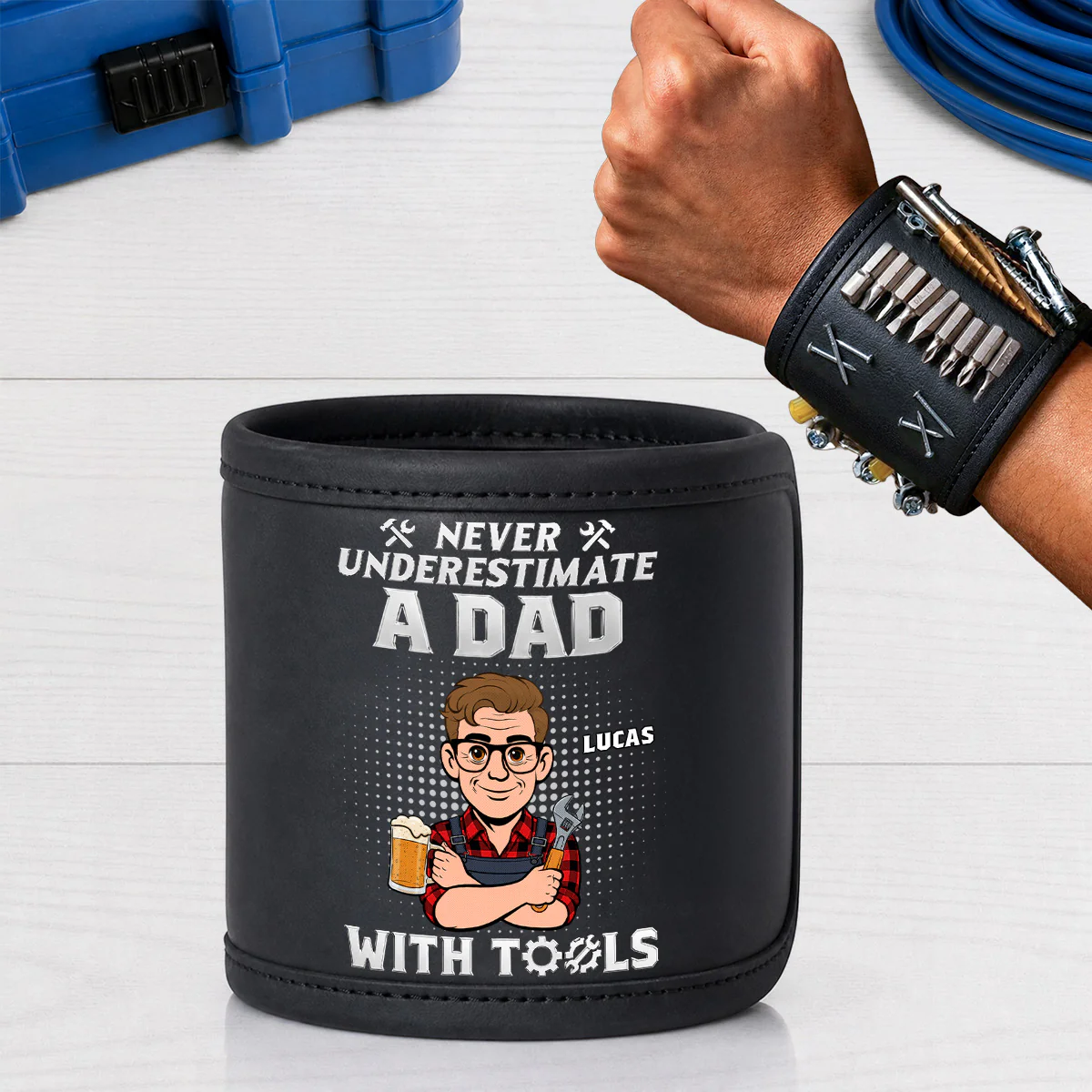 Never Underestimate Dad - Personalized Custom Magnetic Tool Wristband