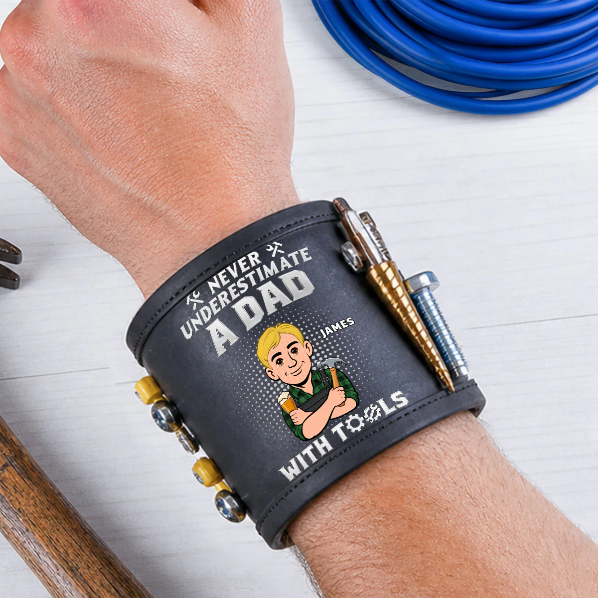 Never Underestimate Dad - Personalized Custom Magnetic Tool Wristband - Image 2