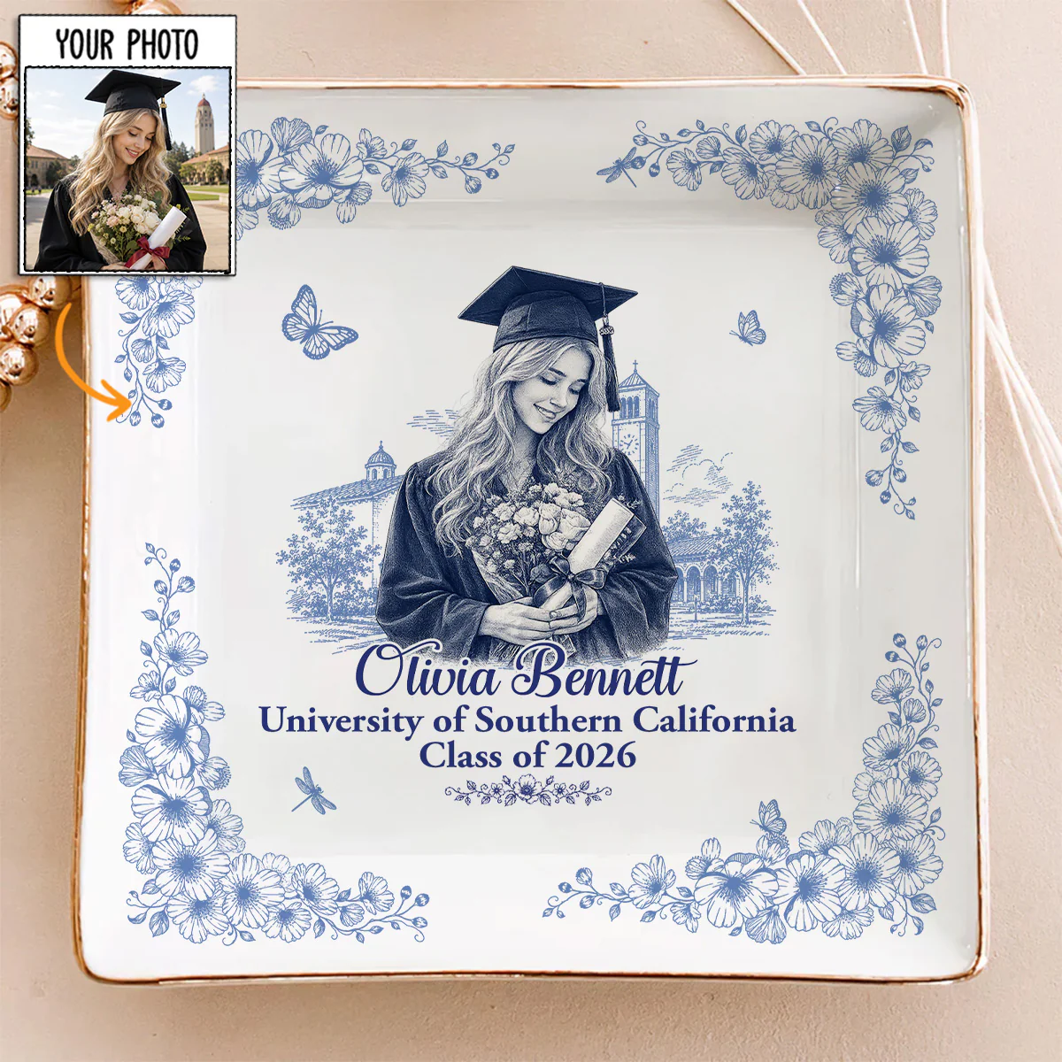 New Beginning Toile Portrait - Personalized Custom Jewelry Dish