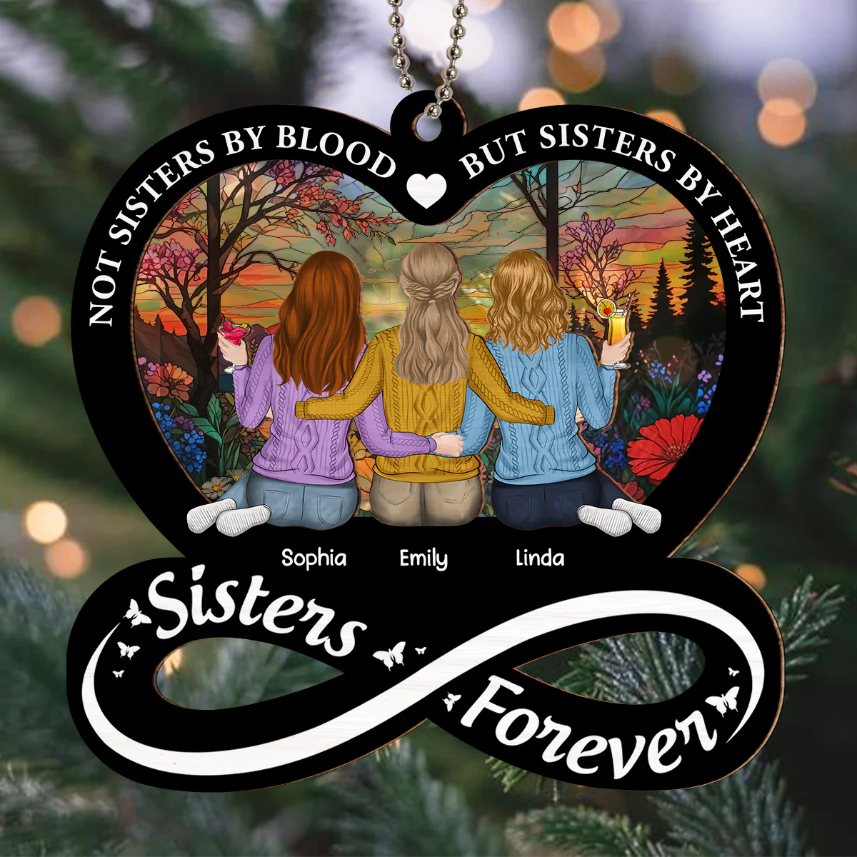 Not Sisters By Blood But Sisters By Heart - Personalized Custom Suncatcher Ornament - Image 2