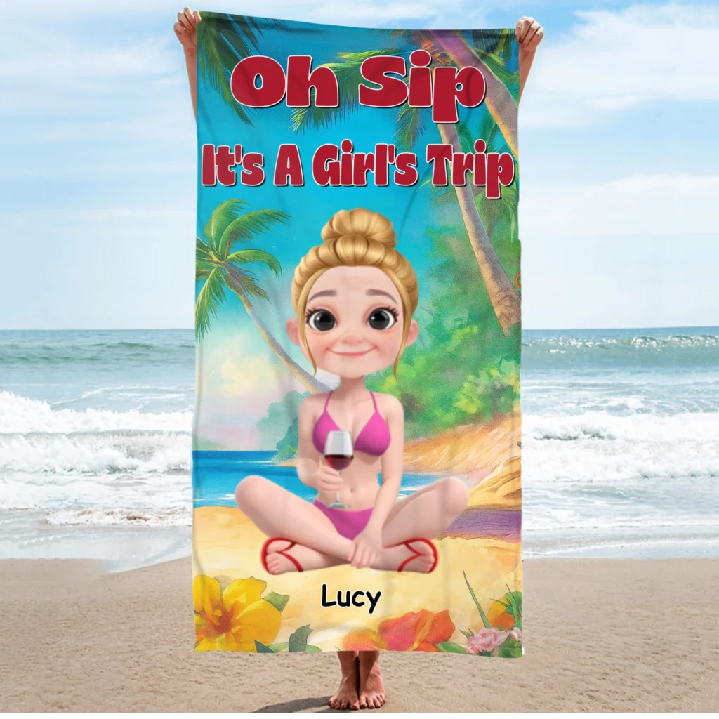 Oh Sip Girl Trip - Personalized Custom Beach Towel - Image 6