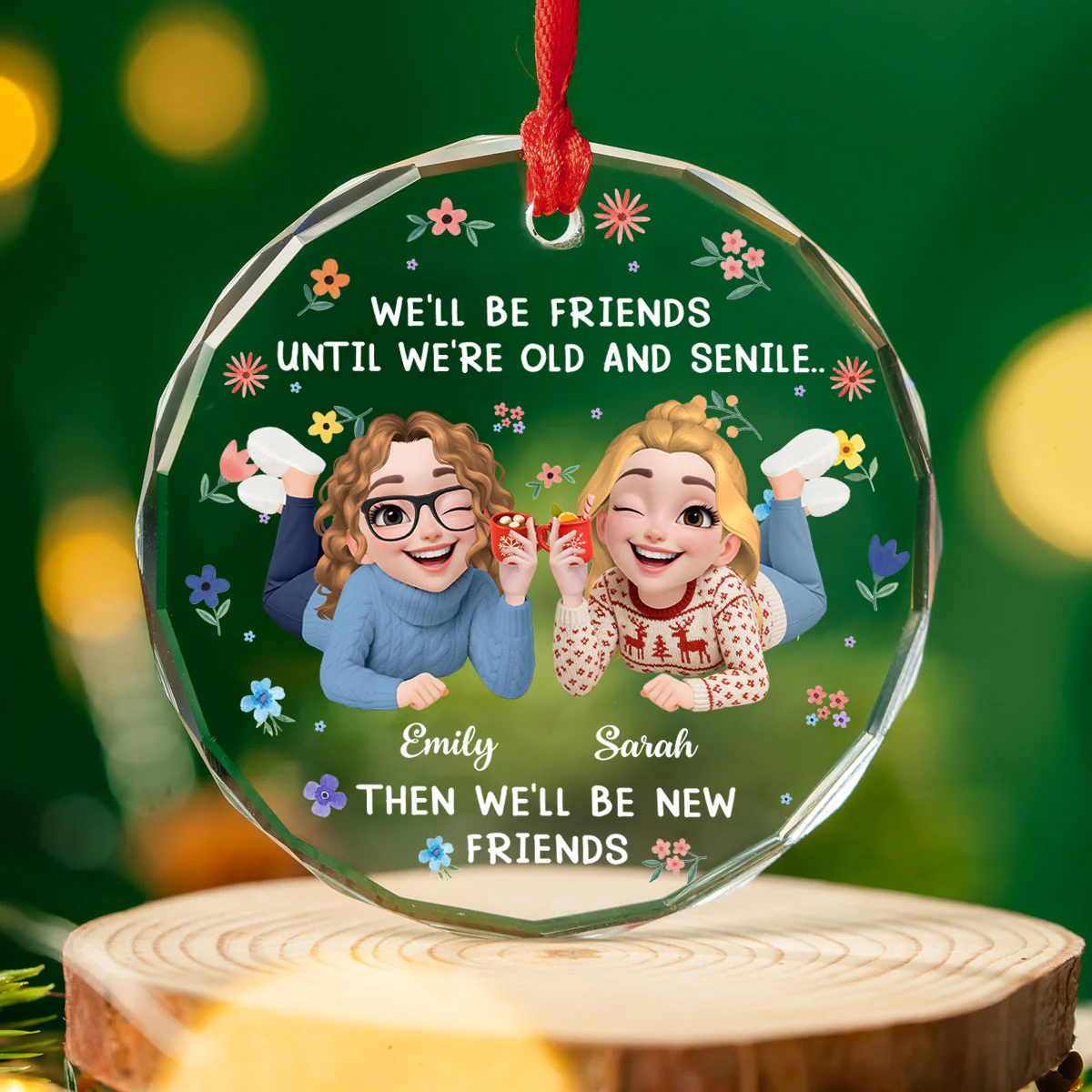 Old And Senile Still Besties - Personalized Custom Glass Ornament - Image 2