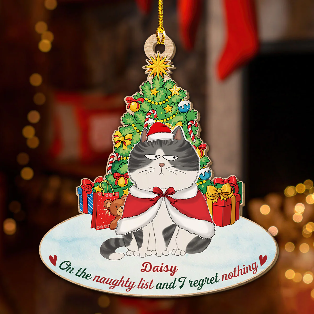 On The Naughty List Cat - Personalized Custom Wood Ornament - Image 3