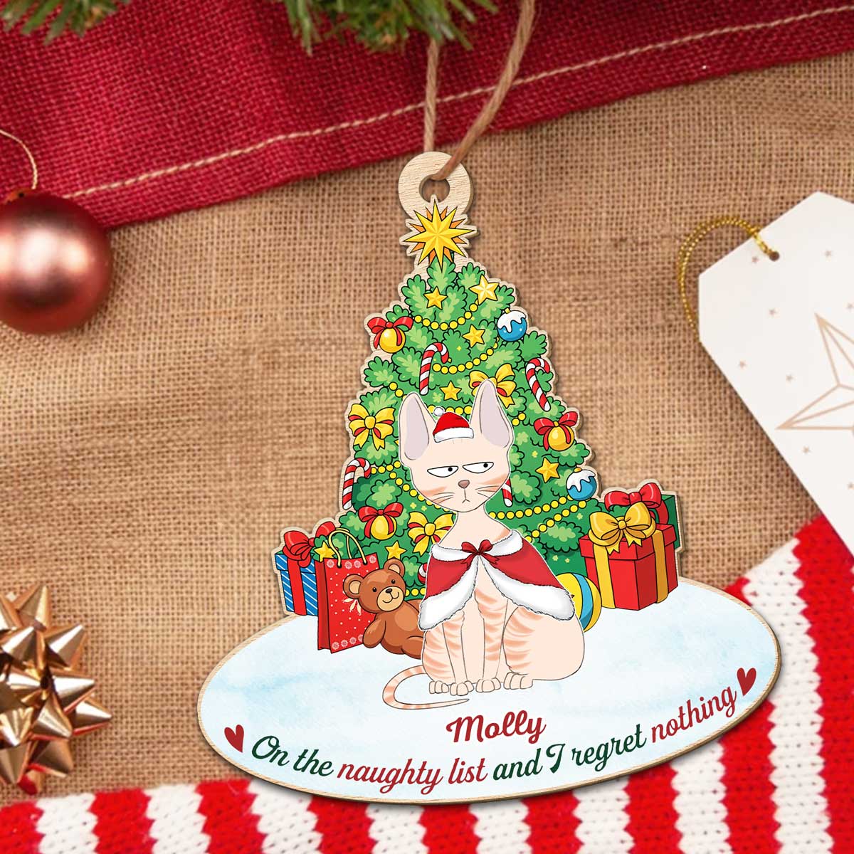 On The Naughty List Cat - Personalized Custom Wood Ornament - Image 4