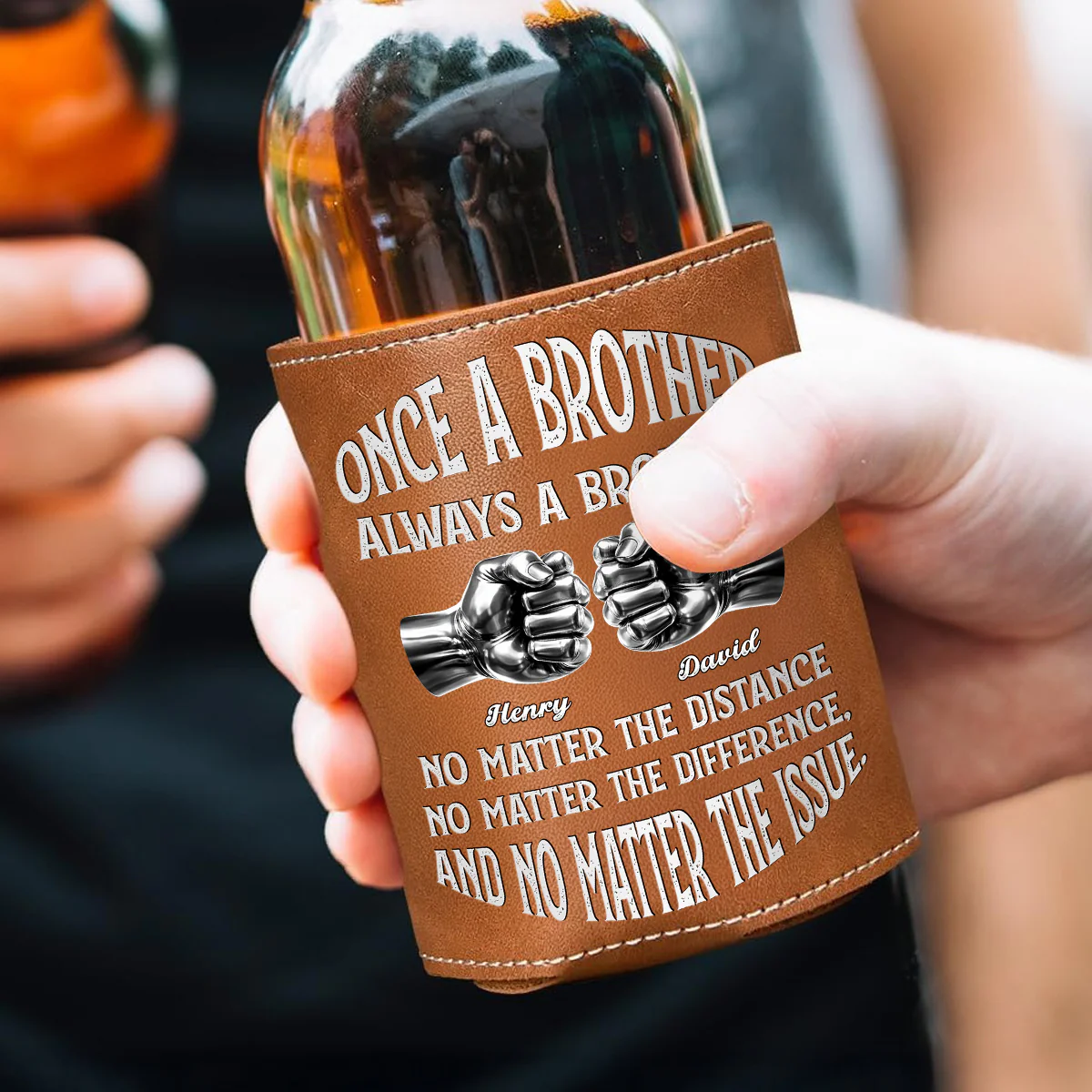 Once A Brother And Always A Brother - Personalized Custom Leather Can Cooler Holder - Image 2