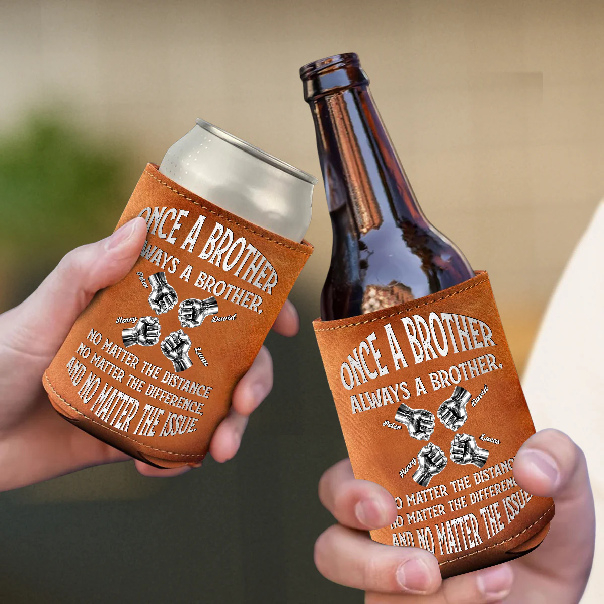 Once A Brother And Always A Brother - Personalized Custom Leather Can Cooler Holder - Image 4