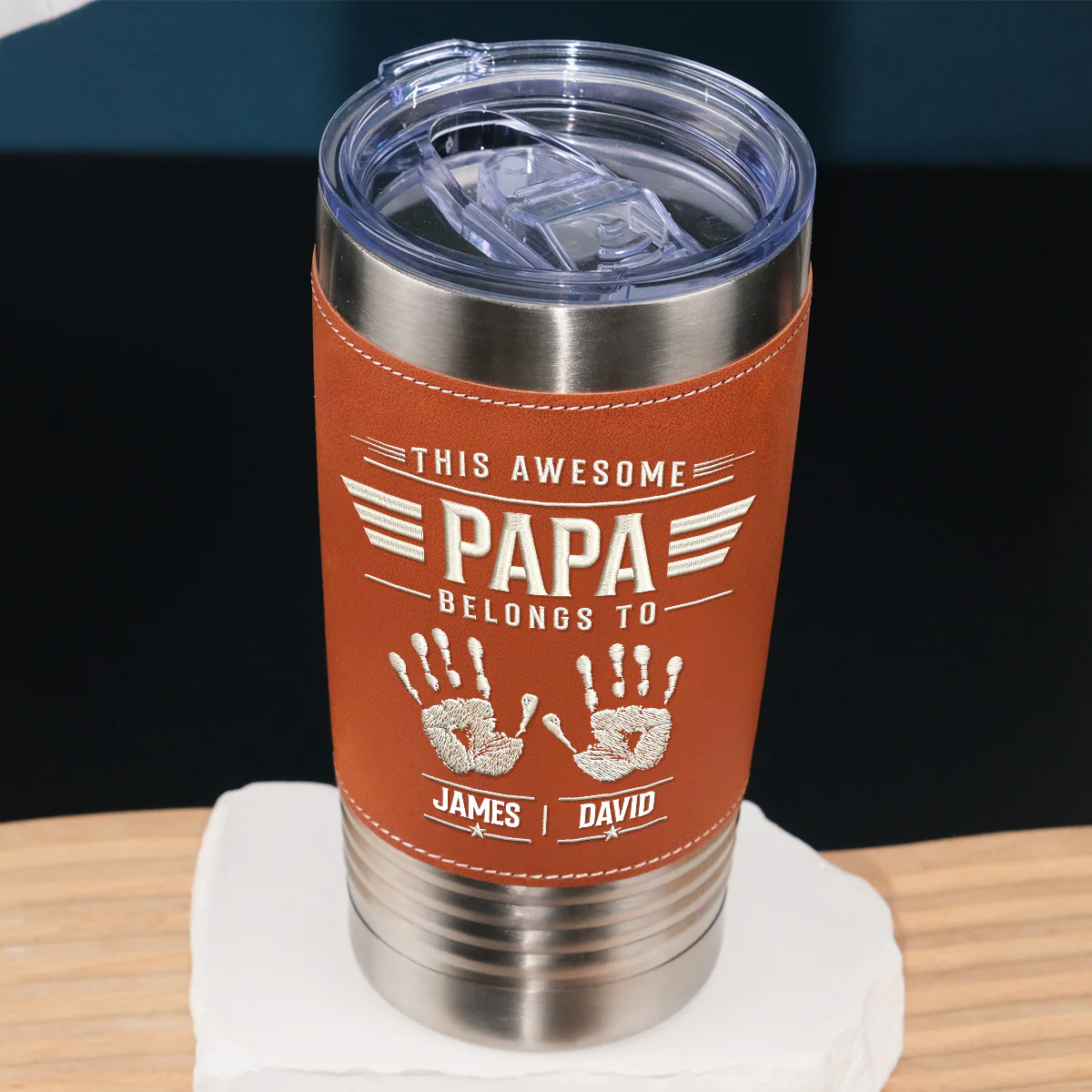 Our Awesome Dad - Personalized Custom Leather Tumbler - Image 2